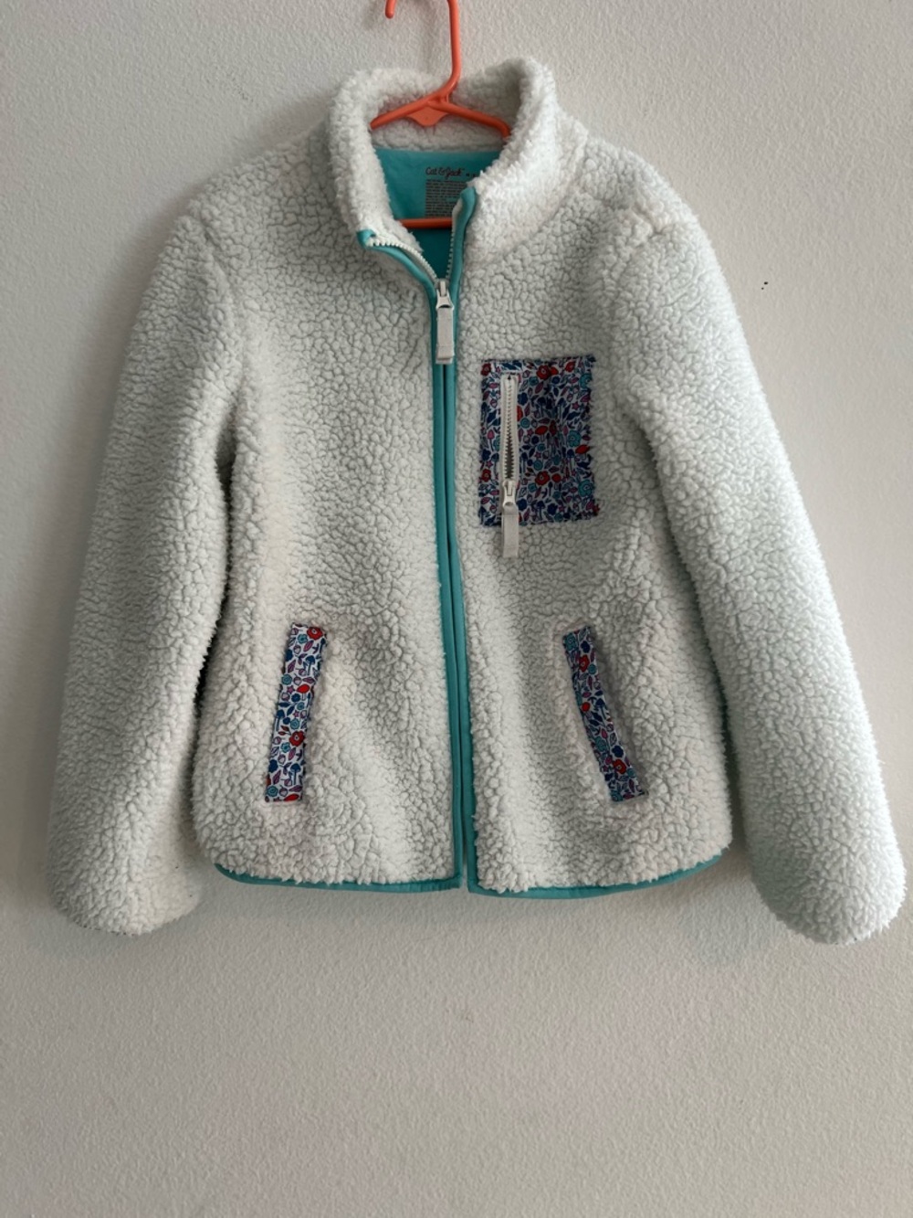 Cat & Jack Cream Sherpa Jacket with Teal Trim